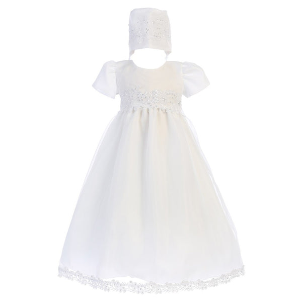 Lito Baby Girls White Sequin Trim Organza Gown Bonnet Christening Set 0-18M - SophiasStyle.com