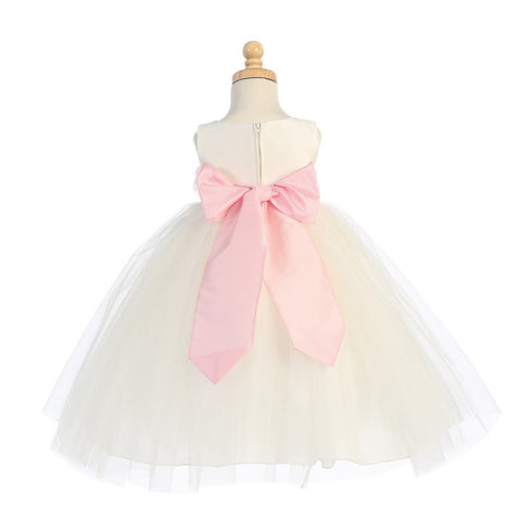 Lito Big Girls Ivory Pink Sash Poly Silk Tulle Flower Girl Dress 7-12 - SophiasStyle.com