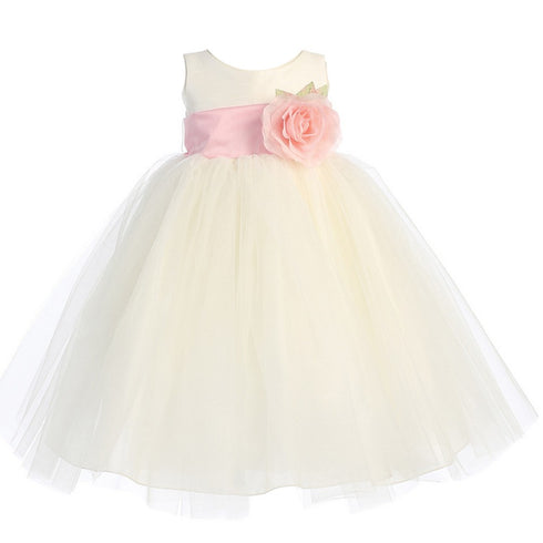 Lito Big Girls Ivory Pink Sash Poly Silk Tulle Flower Girl Dress 7-12 - SophiasStyle.com