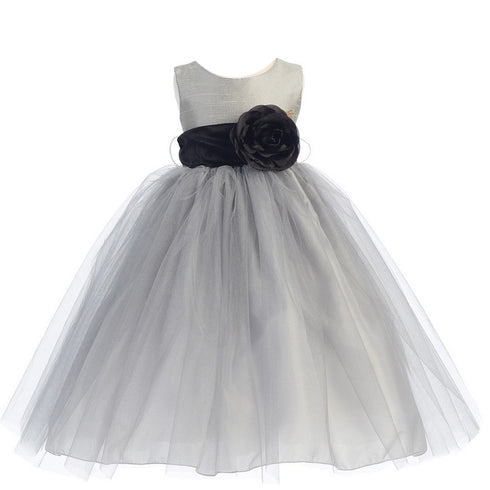 Lito Big Girls Silver Black Sash Poly Silk Tulle Flower Girl Dress 7-12 - SophiasStyle.com