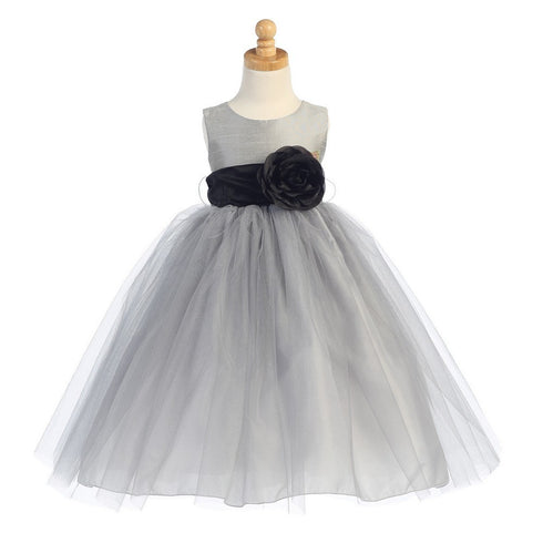 Lito Little Girls Silver Black Sash Poly Silk Tulle Flower Girl Dress 2T-6 - SophiasStyle.com