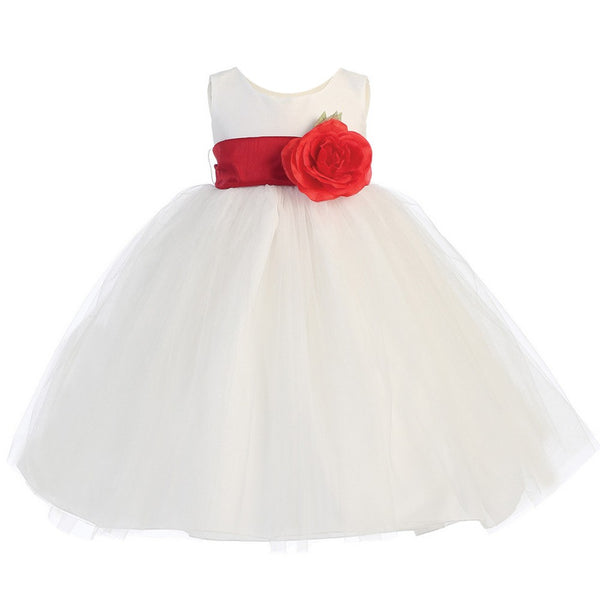 Lito Baby Girls White Red Sash Poly Silk Tulle Flower Girl Dress 6-24M - SophiasStyle.com