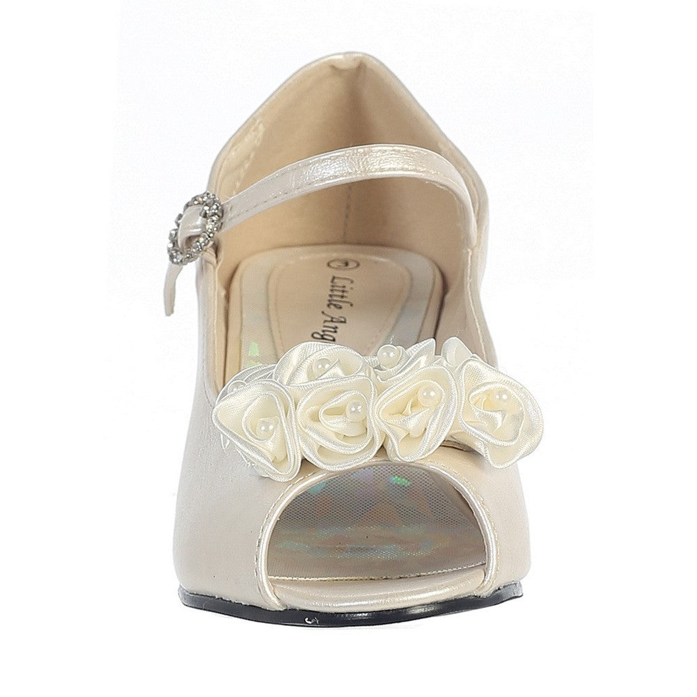 Kids Ivory Peep Toe Dress Shoe W/ Satin Flowers - Size: 4