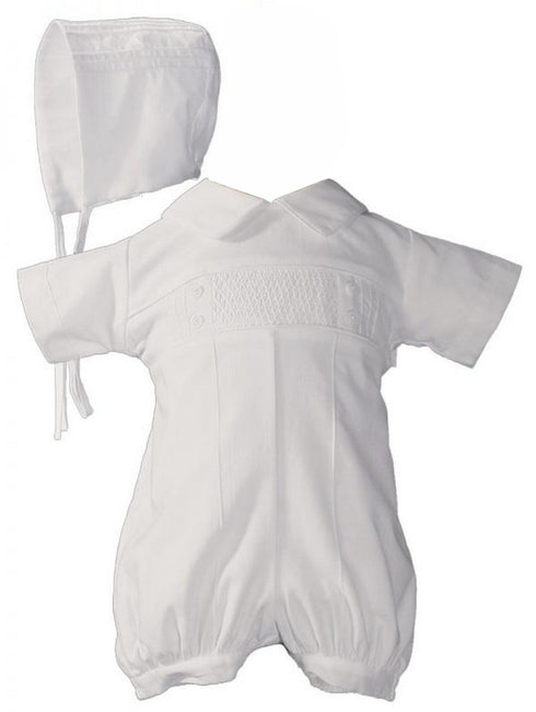 Baby Boys White Cotton Smocked Romper Bonnet Baptism Outfit Set 0-12M - SophiasStyle.com