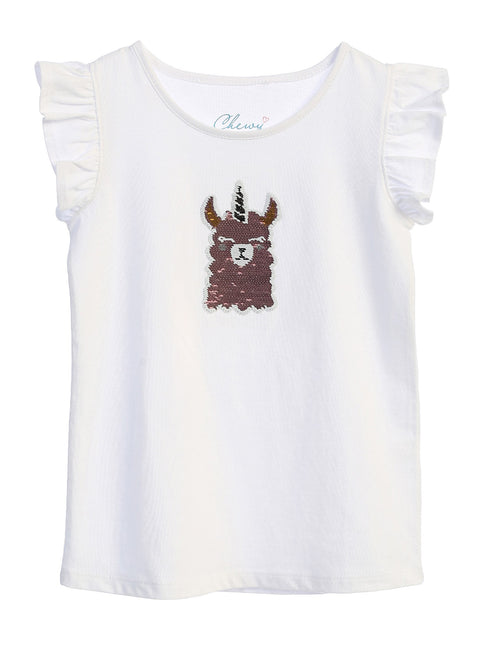 Kids Dream Big Girls White Butterfly Sleeve Flip Sequin Llama Corn Shirt 8-12 - SophiasStyle.com
