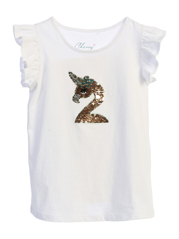 Kids Dream Big Girls White Butterfly Sleeve Flip Sequin Flamingo Corn Shirt 8-12 - SophiasStyle.com