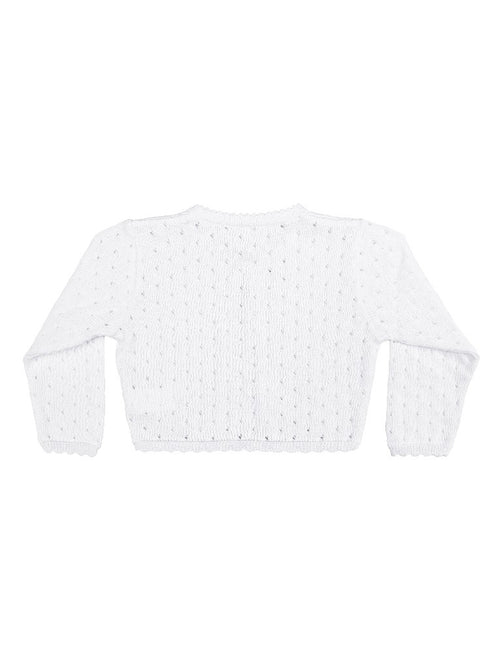 Baby Girls White Combed Cotton Tear Drop Pattern Bow Shrug Bolero Sweater 3-24M - SophiasStyle.com