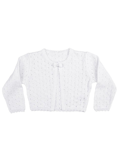 Baby Girls White Combed Cotton Tear Drop Pattern Bow Shrug Bolero Sweater 3-24M - SophiasStyle.com