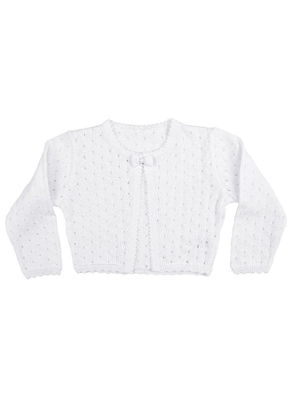 Baby Girls White Combed Cotton Tear Drop Pattern Bow Shrug Bolero Sweater 3-24M - SophiasStyle.com