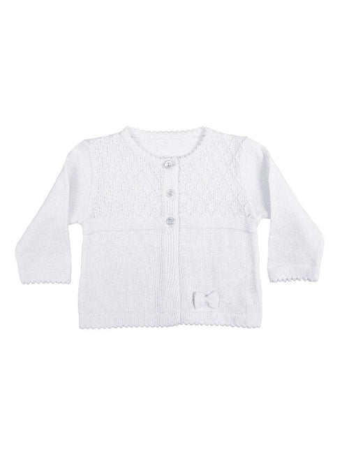 Baby Girls White Combed Cotton Diamond Knit Rosebud Trim Shrug Sweater 3-12M - SophiasStyle.com