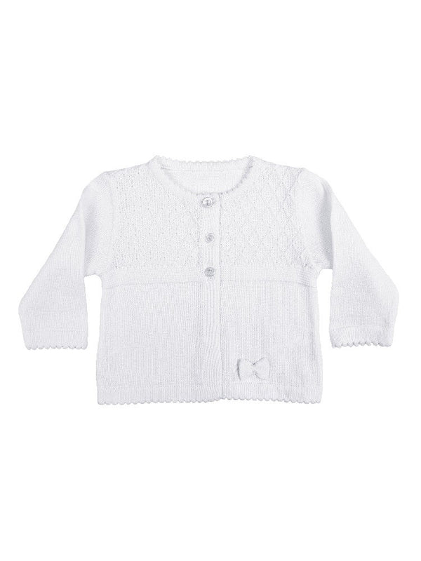 Baby Girls White Combed Cotton Diamond Knit Rosebud Trim Shrug Sweater 3-12M - SophiasStyle.com