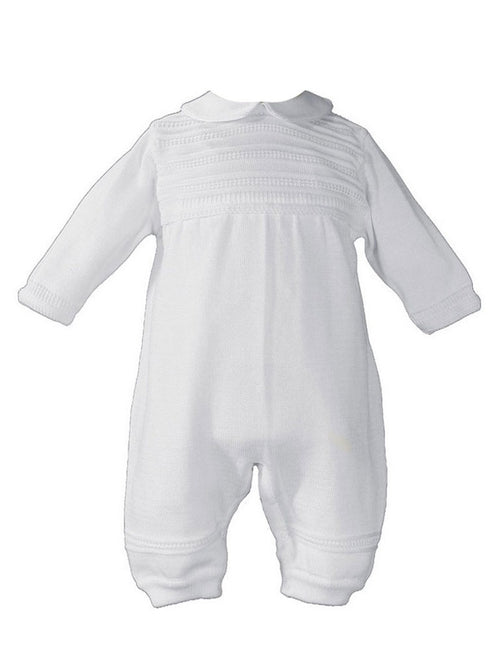 Baby Boys White Cotton Knit Long Sleeve Rib Pattern Christening Coverall NB-24M - SophiasStyle.com