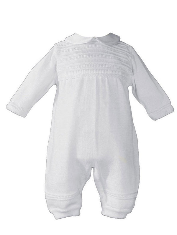 Baby Boys White Cotton Knit Long Sleeve Rib Pattern Christening Coverall NB-24M - SophiasStyle.com