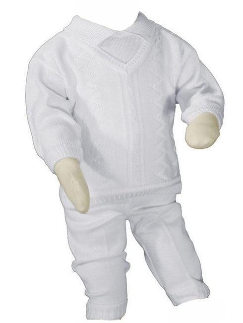 Baby Boys White Cotton Knit 2 Piece Christening Outfit NB-24M - SophiasStyle.com