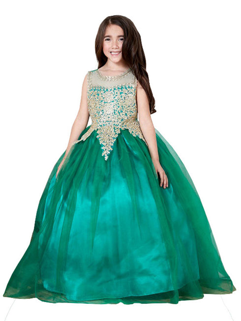 Girls Floor Length Pageant Dress with Gold Embroidered and Tull Skirt, Sizes 2-16 - SophiasStyle.com