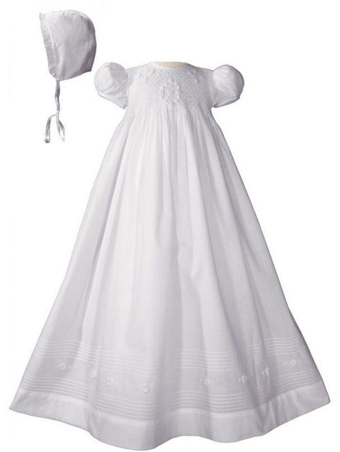 Baby Girls White Cotton Hand Smocked Embroidered Bonnet Christening Gown 3-24M - SophiasStyle.com