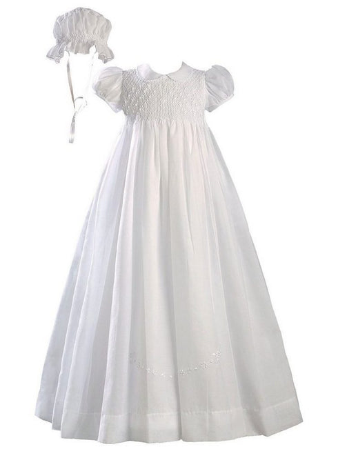 Baby Girls White Hand Smocked Polycotton Batiste Bonnet Christening Gown 3-24M - SophiasStyle.com
