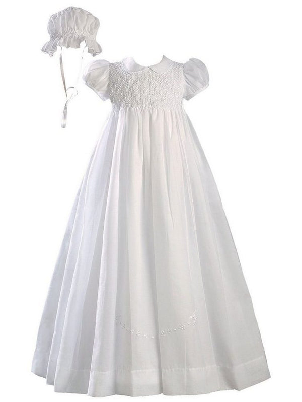 Baby Girls White Hand Smocked Polycotton Batiste Bonnet Christening Gown 3-24M - SophiasStyle.com