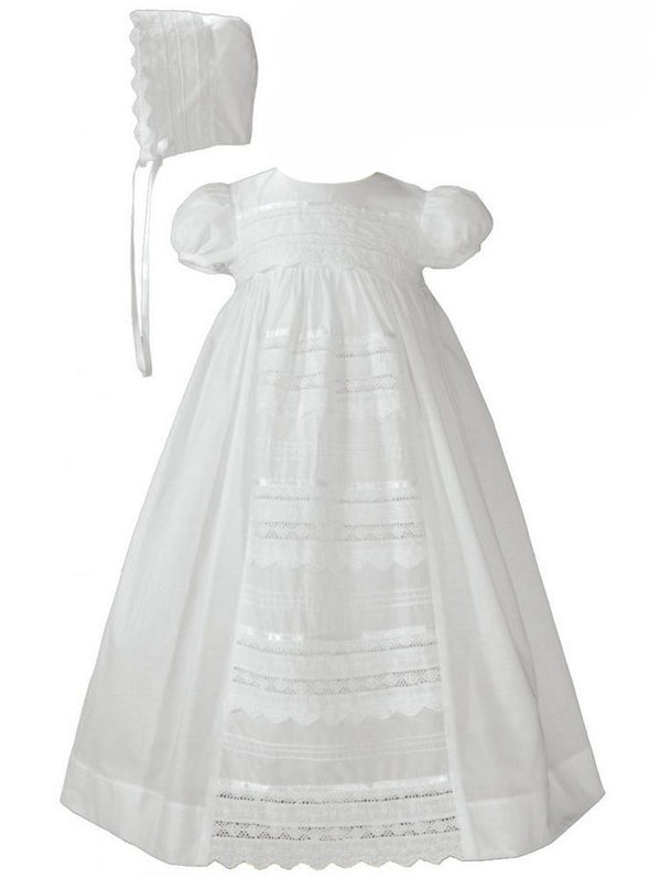 Baby Girls White Cotton Venice Lace Short Sleeved Hat Christening Gown 0-12M - SophiasStyle.com