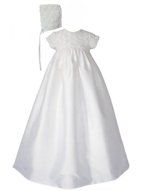 Baby Girls White Cotton Sateen Rosette 32" Bonnet Christening Dress Gown 0-12M - SophiasStyle.com