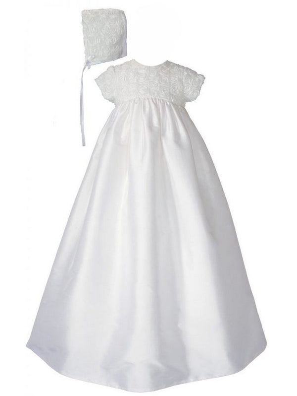 Baby Girls White Cotton Sateen Rosette 32" Bonnet Christening Dress Gown 0-12M - SophiasStyle.com