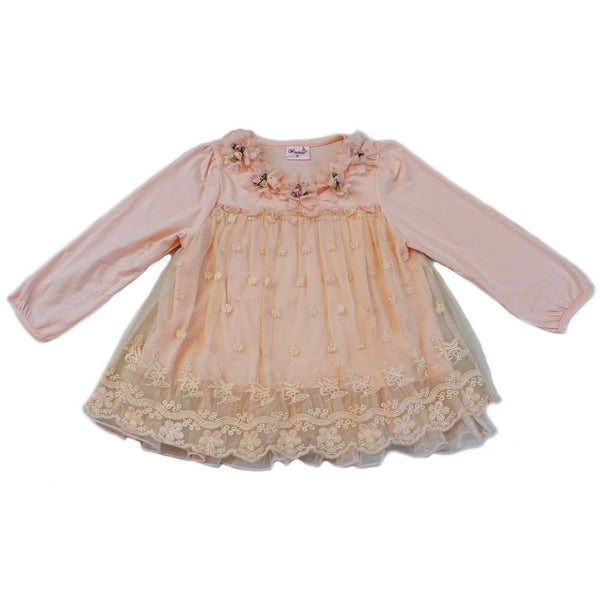 Girls Coral Lace Covered Flower Embellished Shirt S (9-24M)-XL (6-8) - SophiasStyle.com