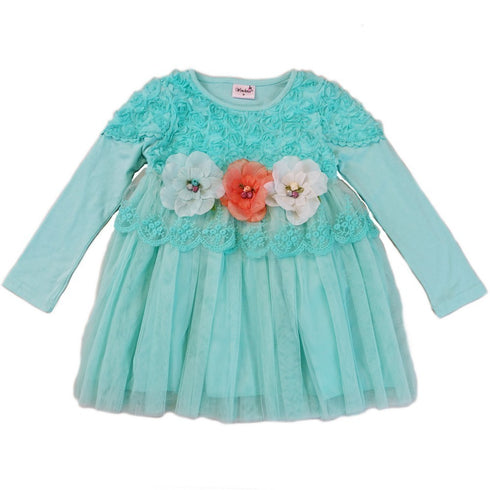 Girls Teal 3-D Flowers Lace Embellished Dress S (9-24M)-XL (6-8) - SophiasStyle.com