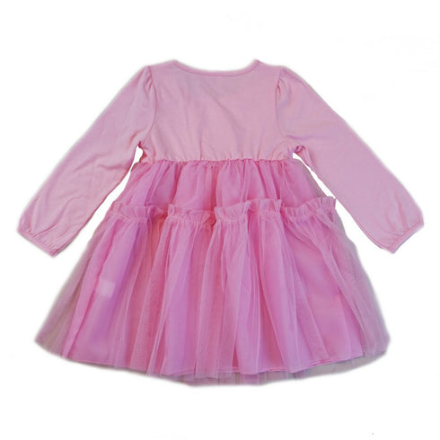 Girls Pink 3-D Flower Adorned Long Sleeve Dress S (9-24M)-XL (6-8) - SophiasStyle.com