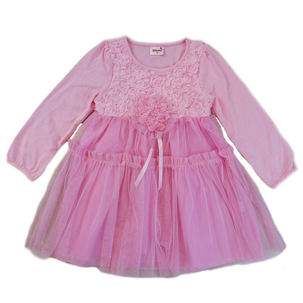 Girls Pink 3-D Flower Adorned Long Sleeve Dress S (9-24M)-XL (6-8) - SophiasStyle.com