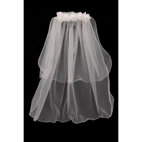 Girls Ivory Floral Pearl Adorned Crown Double Layer Communion Flower Girl Veil - SophiasStyle.com