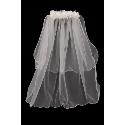 Girls Ivory Floral Pearl Adorned Crown Double Layer Communion Flower Girl Veil - SophiasStyle.com