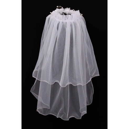 Girls White Floral Pearl Adorned Crown Double Layer Communion Flower Girl Veil - SophiasStyle.com