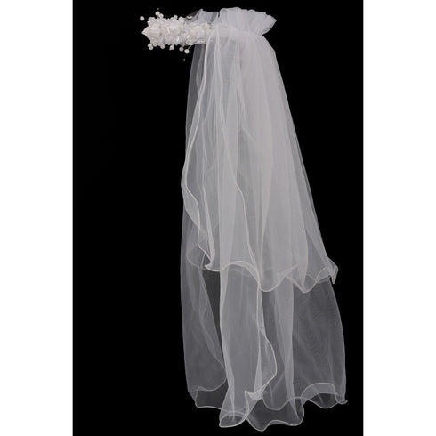 Girls White Floral Pearl Adorned Crown Double Layer Communion Flower Girl Veil - SophiasStyle.com