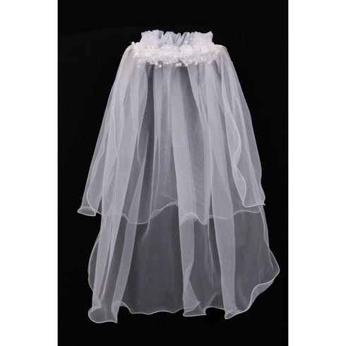 Girls White Floral Pearl Adorned Crown Double Layer Communion Flower Girl Veil - SophiasStyle.com