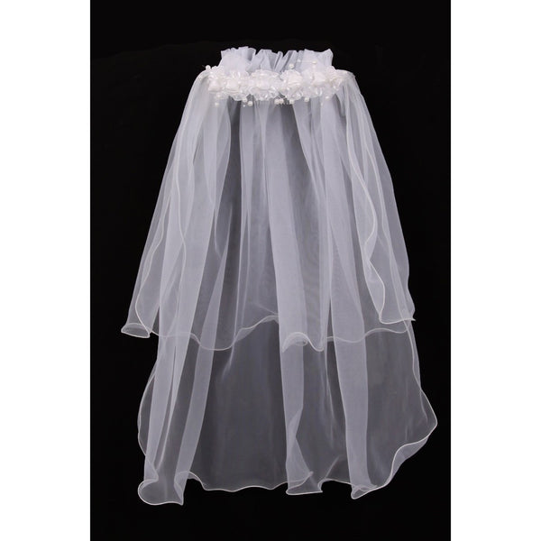 Girls White Floral Pearl Adorned Crown Double Layer Communion Flower Girl Veil - SophiasStyle.com