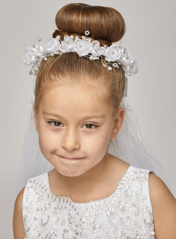 Girls White Pearl Flowers Rhinestone Crown Flower Girl Communion Veil - SophiasStyle.com