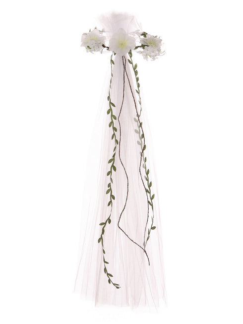 Girls White Floral Embellished Crown Tulle Communion Flower Girl Veil - SophiasStyle.com
