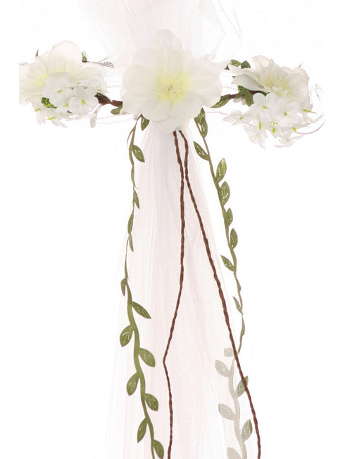 Girls White Floral Embellished Crown Tulle Communion Flower Girl Veil - SophiasStyle.com