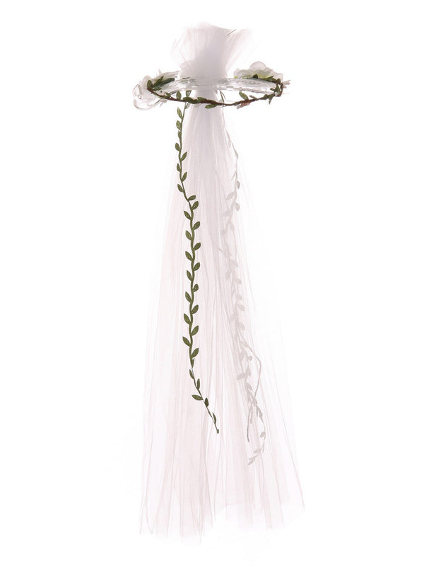 Girls White Floral Embellished Crown Tulle Communion Flower Girl Veil - SophiasStyle.com