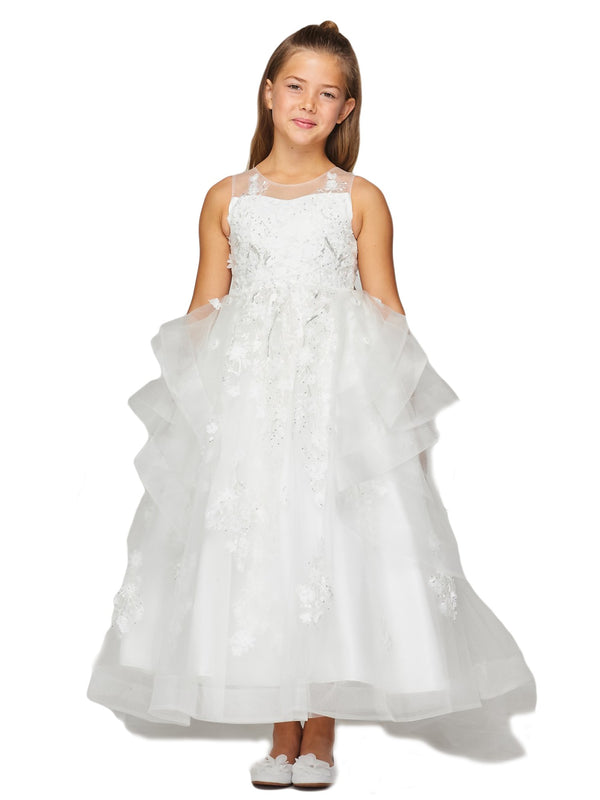 Girls Multi Color Lace Applique Sequin Train Tail Flower Girl Dress 2-16 - SophiasStyle.com