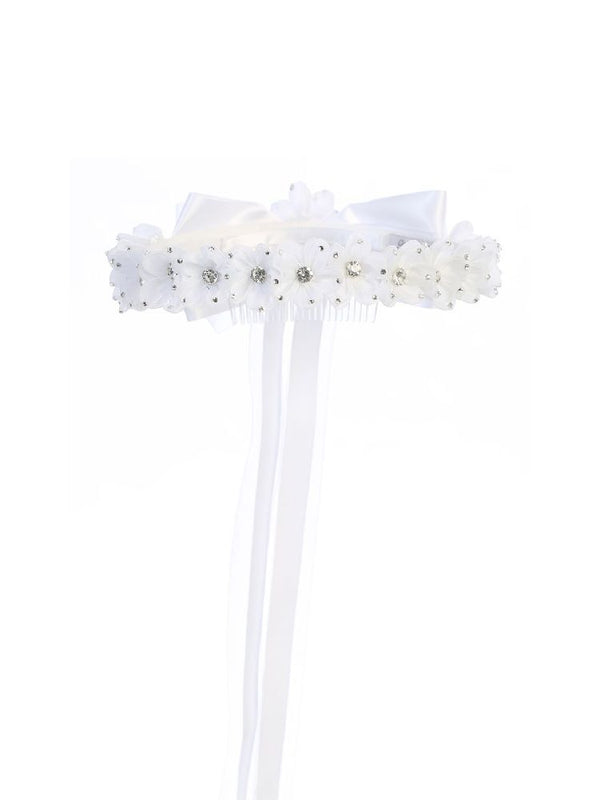 Kids Dream White Floral Rhineston Bow Crown - SophiasStyle.com