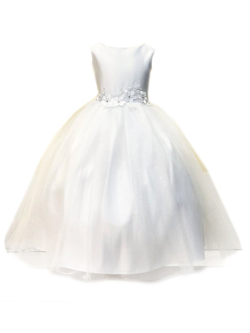 Little Girls White Sleeveless Flower Trim Communion Dress 2-6 - SophiasStyle.com
