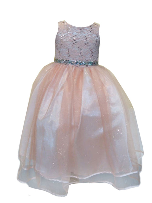 Little Girls Blush Lace Sequin Belt Glitter Tulle Flower Girl Dress 2-6 - SophiasStyle.com