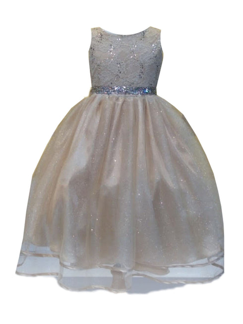 Big Girls Champagne Lace Sequin Belt Glitter Tulle Junior Bridesmaid Dress 8-16 - SophiasStyle.com