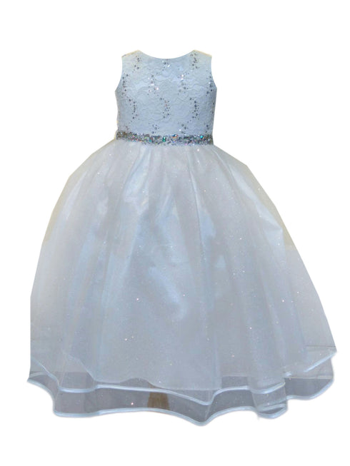 Little Girls White Lace Sequin Belt Glitter Tulle Flower Girl Dress 2-6 - SophiasStyle.com