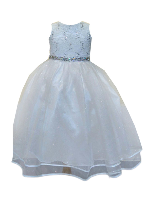 Big Girls White Lace Sequin Belt Glitter Tulle Junior Bridesmaid Dress 8-16 - SophiasStyle.com