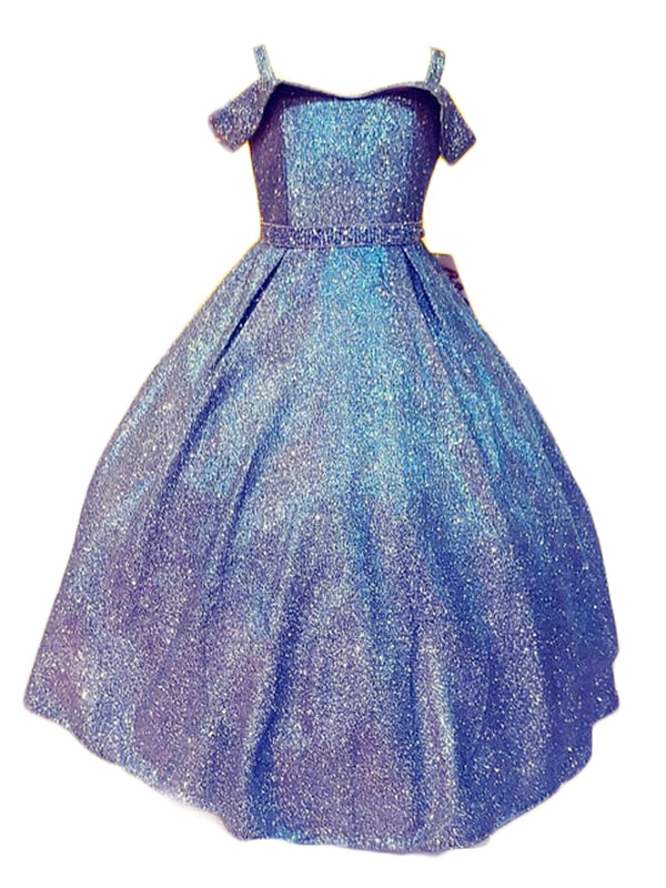 Little Girls Midnight Blue Metallic Off Shoulder Flower Girl Dress 2-6 - SophiasStyle.com