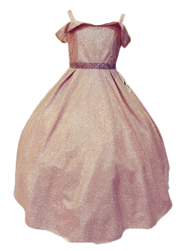 Little Girls Rose Gold Metallic Off Shoulder Flower Girl Dress 2-6 - SophiasStyle.com