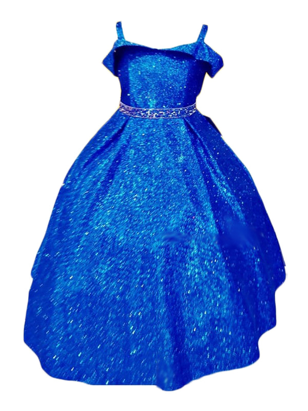 Little Girls Royal Blue Metallic Off Shoulder Flower Girl Dress 2-6 - SophiasStyle.com