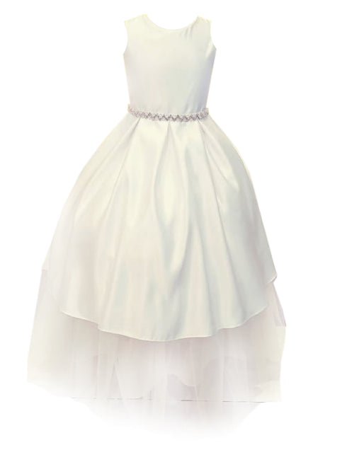 Little Girls White Sleeveless Satin Communion Dress 2-6 - SophiasStyle.com